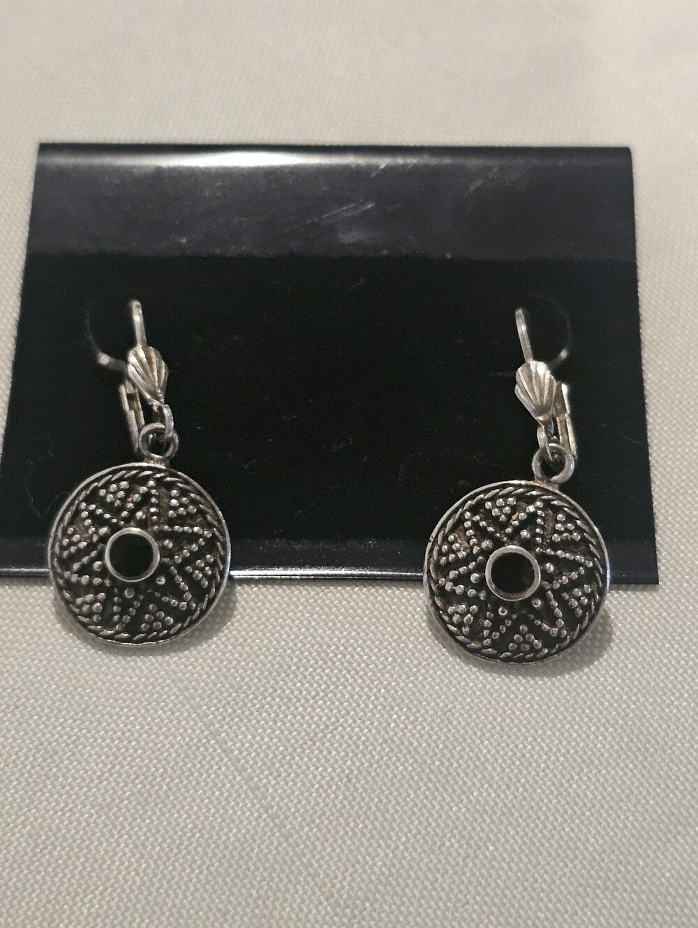 Silver-Tone Floral Disc Drop Earrings - Black Accents